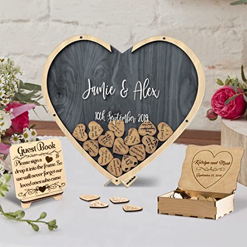 Libro degli ospiti personalizzato per matrimonio alternativo con scatola e 100 cuori, decorazione rustica personalizzata per matrimoni, idee per matrimoni, scatola degli ospiti a forma di cuore, libro