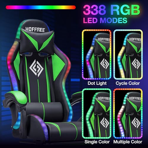 Image of HOFFREE Gaming Chair with LED RGB Lights with Massage and Footrest Ergonomic Computer Chair High Back Video Game Chair with Adjustable Lumbar Support Linkage Armrest Green and Black