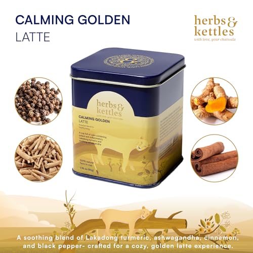 Image of Herbs & Kettles Calming Golden Turmeric Latte | Caffeine-Free Blend with Turmeric, Ashwagandha & Spices | 25-30 servings | Ayurvedic Drink for Warming, Soothing & Wellness | Golden Latte Mix, 1.76 oz | Enjoy Hot or Iced