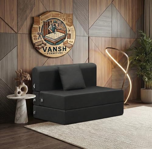 Image of Foldable One Seater Sofa Bed 3 X 6 Ft Jute Fabric Washable Cover Sofa Cum Bed with Cushions Convertible Sofa Bed for Home, Office (Black Color - Pre-Assembled)