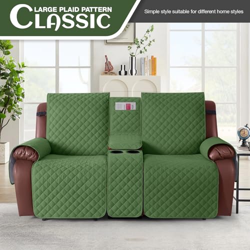 Image of KinCam 100% Waterproof Recliner Loveseat Cover with Console, Non-Slip Reclining Couch Covers for 2 Seat, Recliner Sofa Cover Furniture Protector with Elastic Straps for Kids, Pets, Vine Green
