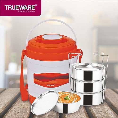 Image of Trueware Marina 4 Lunch Box with 4 Steel Container, 300 ml X 4 Orange | PU Insulated | Tiffin | Hot Lunch Box | Leak Proof | Easy to Carry | Food Grade | BPA Free | Office | Outdoors | for Men Women