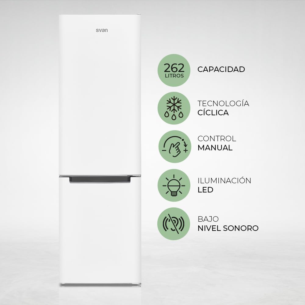 Svan Frigorífico Combi 2 Puertas Blanco SC185502E. Capacidad 262 Litros, No Frost, Multi AirFlow, Puerta Reversible, Bajo Nivel Sonoro, Eficiencia Energética Clase E
