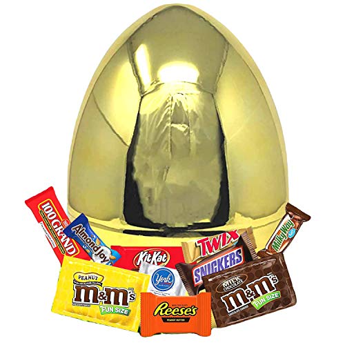 Giant Golden Easter Egg Filled with 2 Pound of Chocolate Candy, Prefilled Egg with Chocolate Assortment of Snickers, Milky Way, York Mints, and of Fun Sized Chocolate Bars