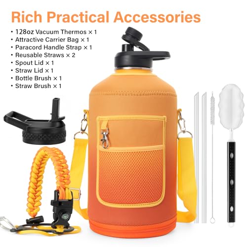 1 Gallon Water Bottle Insulated | Thickened Stainless Steel Vacuum Metal Water Jug | Portable Sports Large for Gym and Hiking with Straw, Carrier Bag, Handle Strap | BPA-Free 128 oz