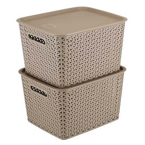 Image of KOLORR Royal Baskets pack of 2 Large Basket with 2 Lid - LT Brown | stackable| easy to clean | strong and durable | BPA free | Multipurpose Plastic Storage Basket, Rectangular
