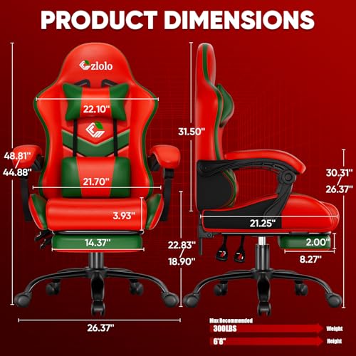 Image of Czlolo Gaming Chair, Lumbar Support Massage Computer Chair, High Back Gamer Chair, with Footrest and Headrest, Lumbar Pillow, Recline, Wide Seat, Gaming Chairs for Christmas /Birthday Gifts, Red