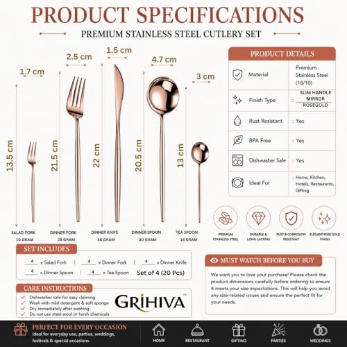Image of 20 Pcs Rosegold Cutlery Set for Dining Table the Perfect Lightweight Silim Handle Tableware Including Dinner Spoon, Dinner Fork, Dinner Knife, Dessert Spoon & Dessert Fork