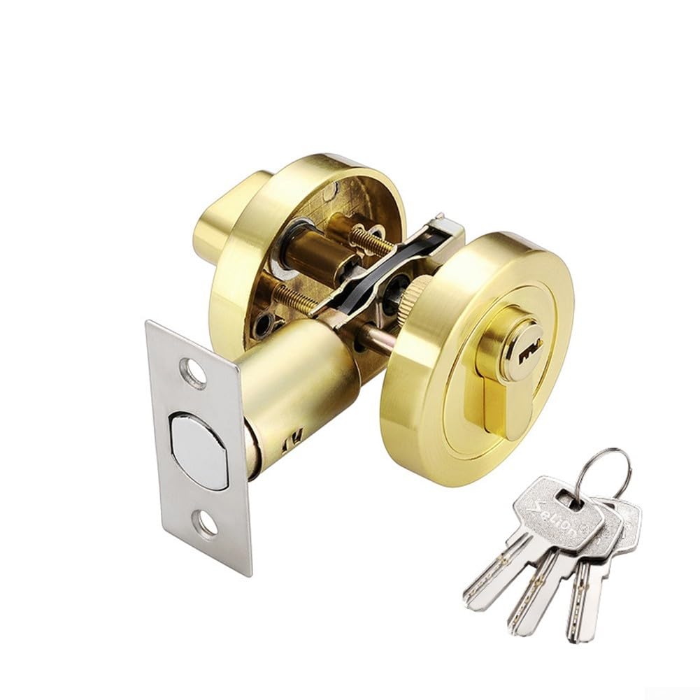YJDOORPLAY Single Cylinder Deadbolt - Round Security Door Lock with Key - Zinc Alloy Deadbolt Standard Size for Bathroom, Bedroom, Entrance Doors - Interior and Exterior (35-50mm)(gold)