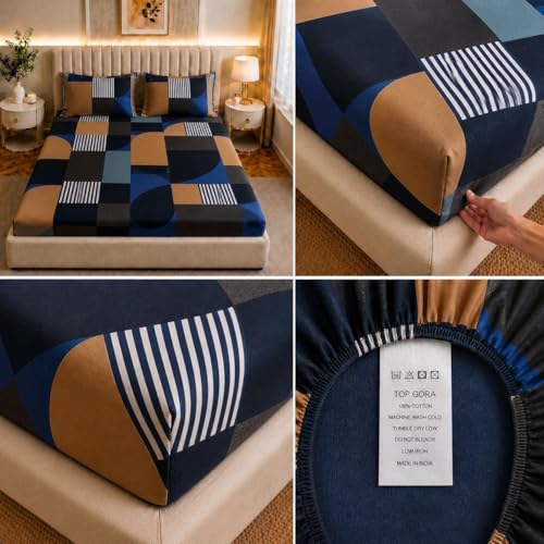 Image of Castiqa Elastic Fitted Supersoft Premium Brushed Cotton 200TC Double Bedsheets King Size 78x72 Inch with 2 Pillow Covers (Fits Upto Mattress of 10 Inches (Kr Check)