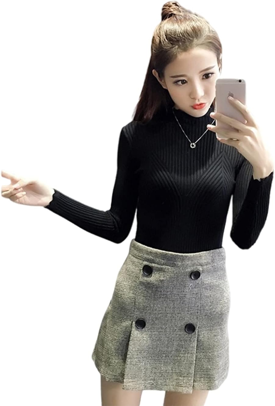 Zhongjue ジュージェン レディース ニット セーター スリム 薄手 春 秋 長袖 ニット インナー フェミニン トップス 白 黒