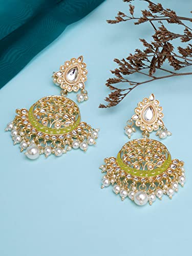 Karatcart Gold Plated Handcrafted Light Green Meena and Pearl Long Dangler Earrings for Women - Image 3