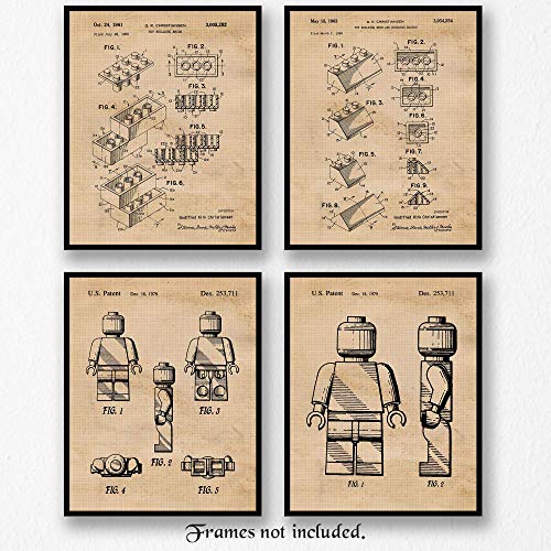 Vintage Lego Patent Poster Prints, Set of 4 (8x10) Unframed Photos, Wall Art