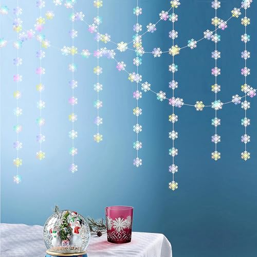 Image of Snowflake-Snow Iridescent-Holographic Christmas Party-Decoration Garland - 52ft Winter Wonderland Frozen Ornaments Hanging Paper Streamers,New Years Birthday Baby Shower Dance Ceiling Decor Hugfond