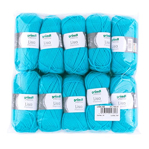Gründl Lisa Premium Confezione di 10 Gomitoli, Acrylico, Turchese, 34x30x8.5 cm