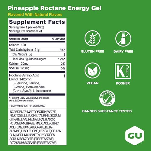 Image of GU Energy Roctane Ultra Endurance Energy Gel, Vegan, Gluten-Free, Kosher, and Dairy-Free On-The-Go Sports Nutrition for Running, Biking, Hiking or Skiing, 24-Count, Pineapple