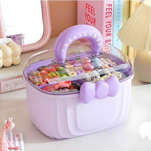 Image of Noamus 10 inch Multipurpose Storage Box with Removable Tray, 2 Layer Cute Hair Accessories Organizer, Clear Plastic Folding Craft Case for Headbands, Sewing, Clips Ties Supplies, Purple