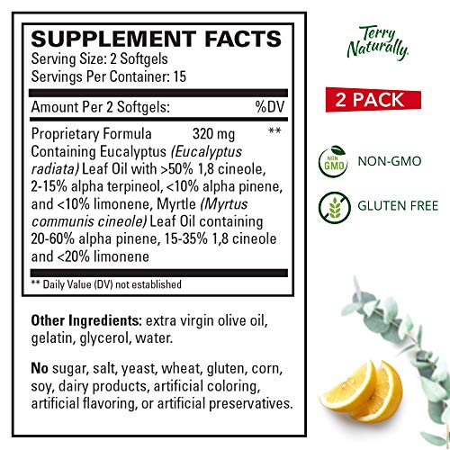 Terry Naturally Sinucare Extra Strength (2 Pack) - 325 Mg Eucalyptus, Myrtle & Lemon Zest Oil Complex, 30 Softgels - Sinus, Lung & Bronchial Support Supplement, Non-Drowsy - Non-Gmo, Gluten-Free - 30 #TOP2