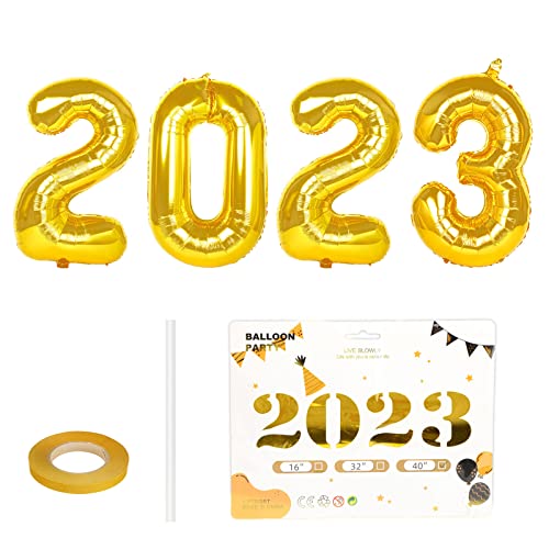 Globos Numeros Fin de Año 2023, Happy New Year Balloons Decoracion, Globo de Papel de Aluminio de 40 Pulgadas de Grosor con Pajitas y Cintas para la Fiesta de Nochevieja 2023 y de Graduación (Plata) Cover