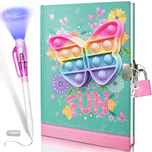 GINMLYDA Pop Girls Diary with Lock and Invisible Ink Double-end Pen, 7.5x5.4 Inches 160 Lined Pages Fidget Butterfly Girls Journal for Kids Secret Notebook Pen Set Gifts for Writing