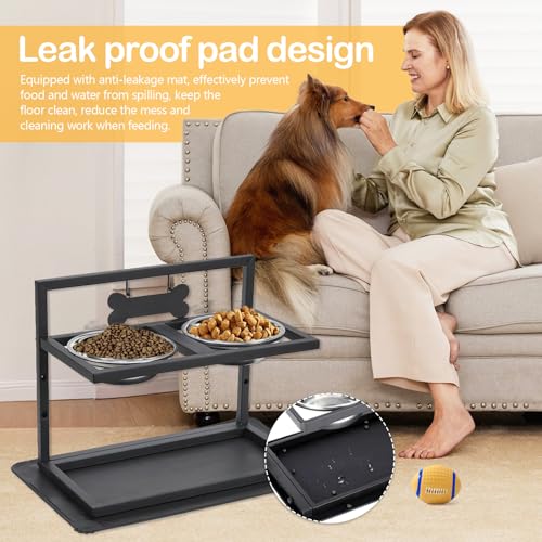Hundenapf Erhöht, Futterstation Hund mit 2 Edelstahl Hundenäpfe Fressnapf Hund mit Auslaufsichere Matte 15°Neigung Hunde Napfset 3 Höhenverstellbar Schwarz 42x32x20.5cm