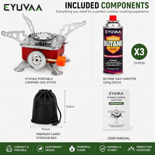 Image of EYUVAA LABEL Alloy Steel Portable Gas Stove for Travel with Butane Gas Cylinder, Folding Furnace Outdoor Camping Stove, Lightweight Gas Burner for Hiking and Emergency Use (Stove +3 Butane Refill)
