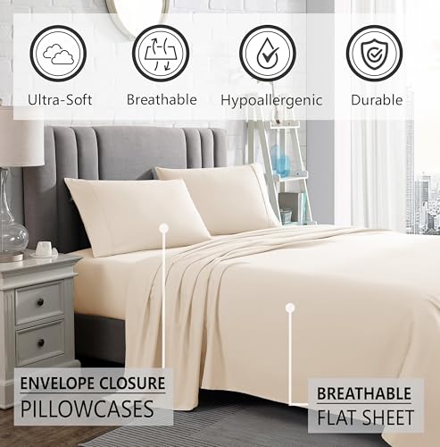 American Home Collection 4 Piece Full Size Bedding Sheets and Pillowcases Set - Ultra Soft Microfiber - Breathable, Wrinkle Free, Easy Care, Durable, Oeko-Tex Certified Sheet Set (Full, Ivory)