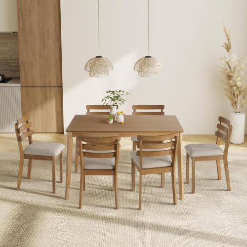 Image of Dining Table Set for 6, Wooden Farmhouse Table, 6 Upholstered Chairs