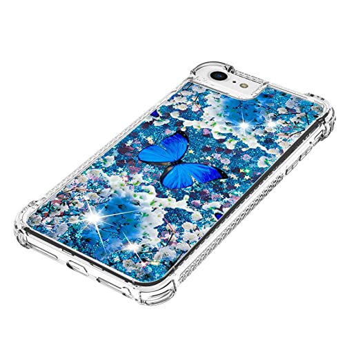 Caiyunl For Iphone Se 2022 Case (3Rd Gen)/Iphone Se 2020,Iphone 8/7/6S/6 Case With Tempered Screen Protector,Glitter Bling Liquid Cute Women Girls Girly Tpu Protective Phone Case-Blue Butterfly #TOP2