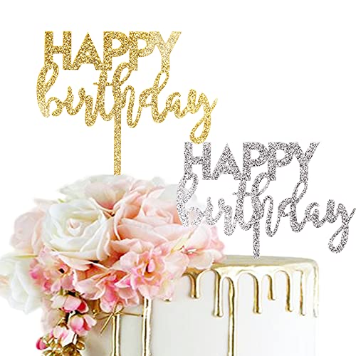 Silver and Gold Glitter Happy Birthday Cake Toppers, Acrylic Glitter Birthday Cake Topper, Cake Topper for Birthday Party Cake Decorations, Happy birthday Topper for Cake (Double Sided Glitter)