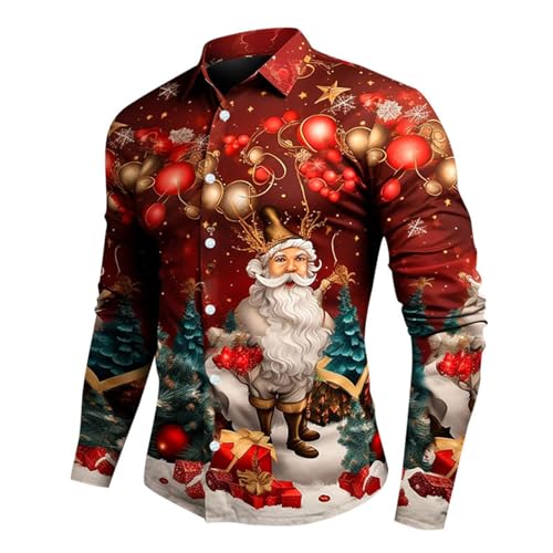 Generisch Camiseta de manga larga para hombre con impresión digital de Papá Noel, impresión 3D, botón de manga larga, Navidad, invierno, Rojo sandía, L