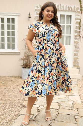 Image of Keluummi Plus Size Midi Dress for Curvy Women Wedding Guest Summer Floral Empire Waist Short Sleeve with Pockets