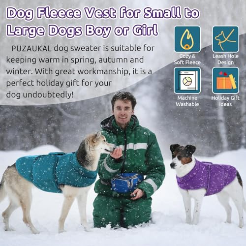 PUZAUKAL Hundepullover Fleece Weste Hundemäntel Winter Warmer Hundeweste für Kleine Hunde Weicher Fleece Hundejacke mit Geschirr Pullover für Mittel Großen Hund Katze-Pfauenblau(M)
