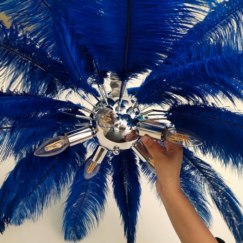 Image of Harold Electricals Modern Blue Ostrich Plumes Chandelier |Creative Feather Dulight Ceiling Pendant Light for Bedroom Living Room Dining Area Cafe Hotel Photography Prop -Bulb Included