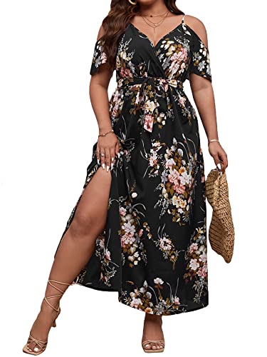 Image of Floerns Women's Plus Size Cold Shoulder Short Sleeve Split Thigh Long Dress