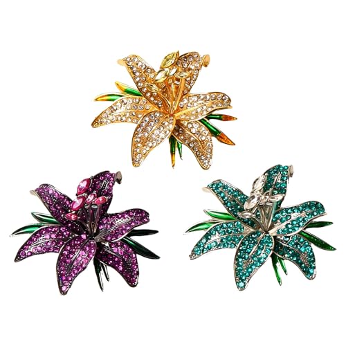 Acxico 3 broches elegantes de flores de lirio, circonita sintética de lujo, accesorio de moda hecho a mano de cobre para mujeres, adecuado para bodas, banquetes y uso en todas las estaciones