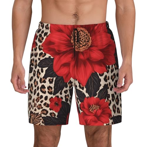 Red Flower Leopard Print Men Stylish Functionality Swim Trunks Breathable Beach Shorts Surfing Gym Fishing