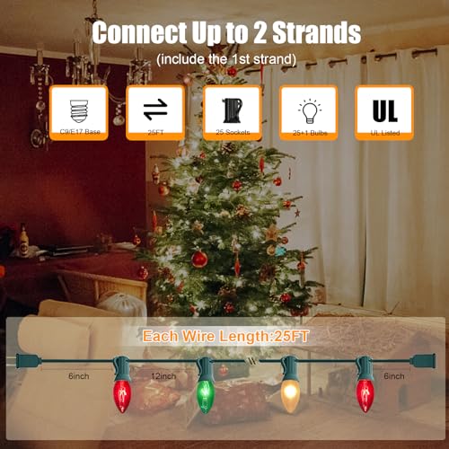 Image of C9 Red White and Green Christmas Lights Outdoor, 25FT Vintage Christmas Tree Light with 26 C9 Clear Multicolor Bulbs, Hanging Outdoor Christmas Lights for Holiday Roofline Patio Garden Party Decor