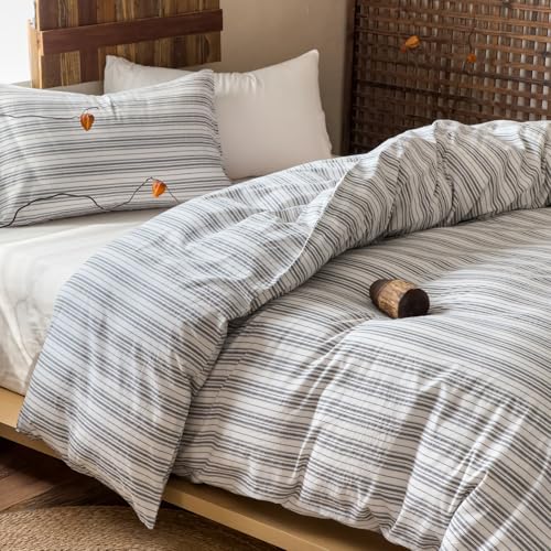 EAVD Retro Grey White Striped Duvet Cover Queen Soft 100%