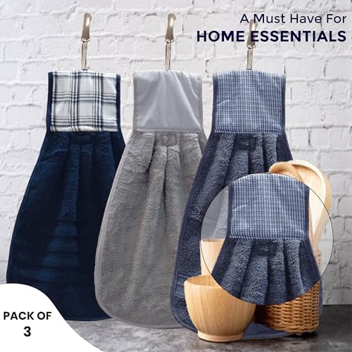 Image of Hand Towel with Loop | 600 GSM | Hanging Napkin for Wash Basin, Kitchen Sink, Bathroom| Pack of 3 in (Grey, Blue and Cream) | Assorted