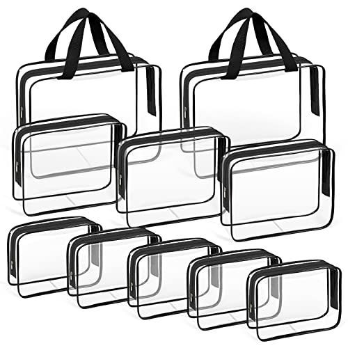 Image of TISRATOK 10 PCS Clear Travel Makeup Toiletry Bag, Plastic PVC Cosmetic TSA Approved Organizer Kit with Zipper Handbag（Black）