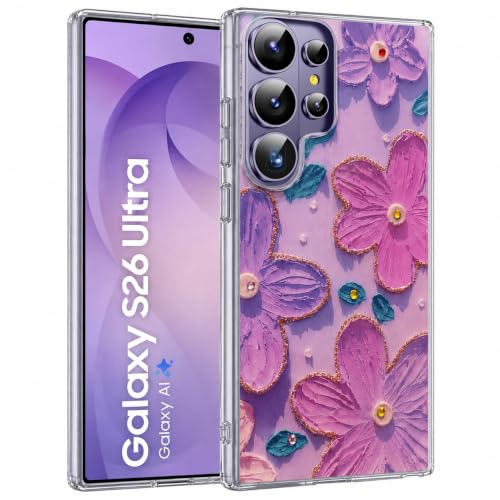 Image of Elzzi Compatible with Samsung S26 Ultra Case Laser Flower Oil Painting Cute Colorful Blue Ray Bumper with Full Camera Protection Shockproof PC+TPU Glossy Shiny Cover for Girls Women, Pink & Purple