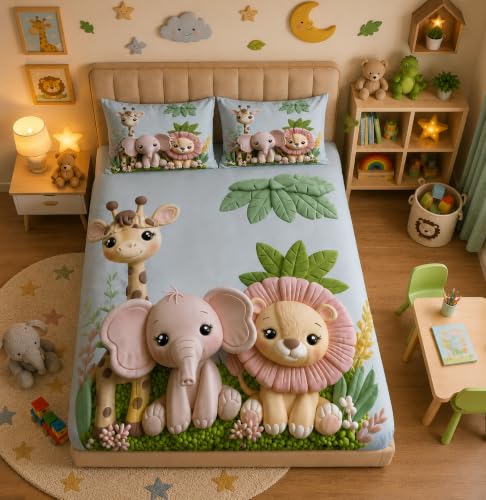 Image of DECORUM Premium Digital Kids Printed BEDSHEET (90 X 100) Inch with 2 King Size Pillow Covers - HIGH-Definition Design & Superior Comfort (Heavy Quality) BEDSHEET Pastel Jungle Friends
