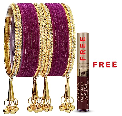 Image of NMII Metal with Zircon Gemstone and Velvet Studded Bells Latkan Bangles Set For Girls and Women I Latkan Bangles, Premium Bangle Bracelet Set I Pack of 16 Bangles