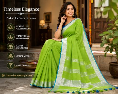 Image of HAIDER ALI AND SONS Grey Cotton Linen Saree for Women | Soft Linen Slub Blend Saree with Running Blouse Piece | Lightweight Handloom Style Saree | Office, Casual, Party & Festival Wear 