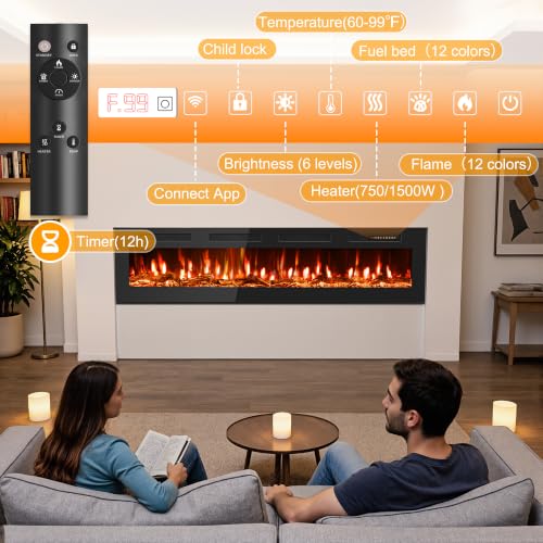 Image of Tehanld 72 inch Ultra-Thin Electric Fireplace Heater, Recessed Wall Mounted | 60-99F Thermostat, 0 /750 /1500W, Child Lock, Realistic Flame, Log & Crystal, Linear Design for Large Room Built-in