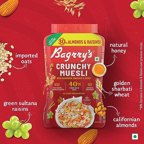 Image of Bagrry's Crunchy Muesli | 40% Fibre Rich Oats with Bran | 82% Multi Grains, Almonds, Raisins & Honey | Breakfast Cereal | Natural Muesli, 1000g Jar, Pack of 2