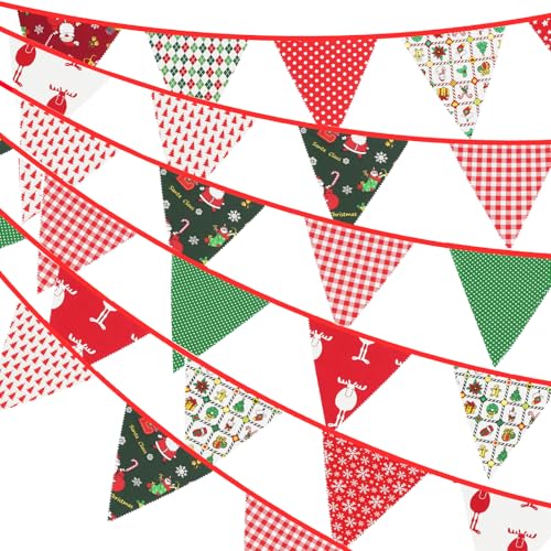 G2PLUS 12M Christmas Fabric Bunting Banner - 19x21CM Reusable Cotton Xmas Garlands with 42PCS Large Decoration Traingle Pennants for Christmas Parties Decoration