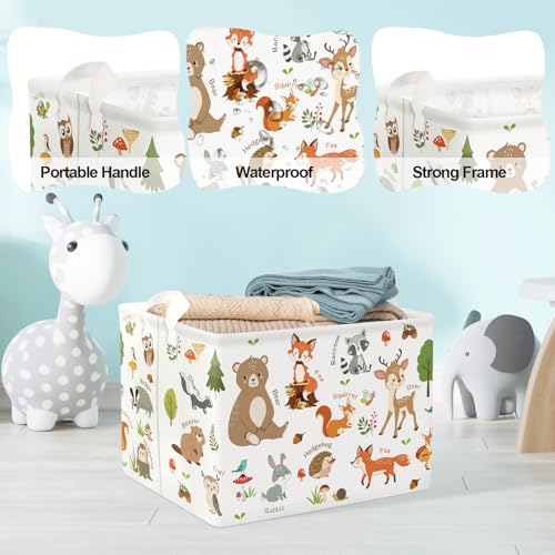 Image of Clastyle Woodland Nursery Animal Tree Baby Gift Storage Basket for Kid Room | Waterproof Large Dirty Clothes Book Gift Toy Organizer Bin, Nursery Playroom Bedroom Bathroom Shelf, Bear Raccoon Rabbit