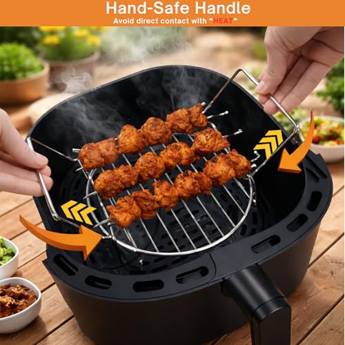 Image of Yumun Air Fryer 7 Inch Round Grill Stand with 2 Handles | 4L-6.2L Compatible | Stainless Steel BBQ Rack for Air Fryer, Microwave & Oven | 3 Skewers Included | Check Size Before Buying